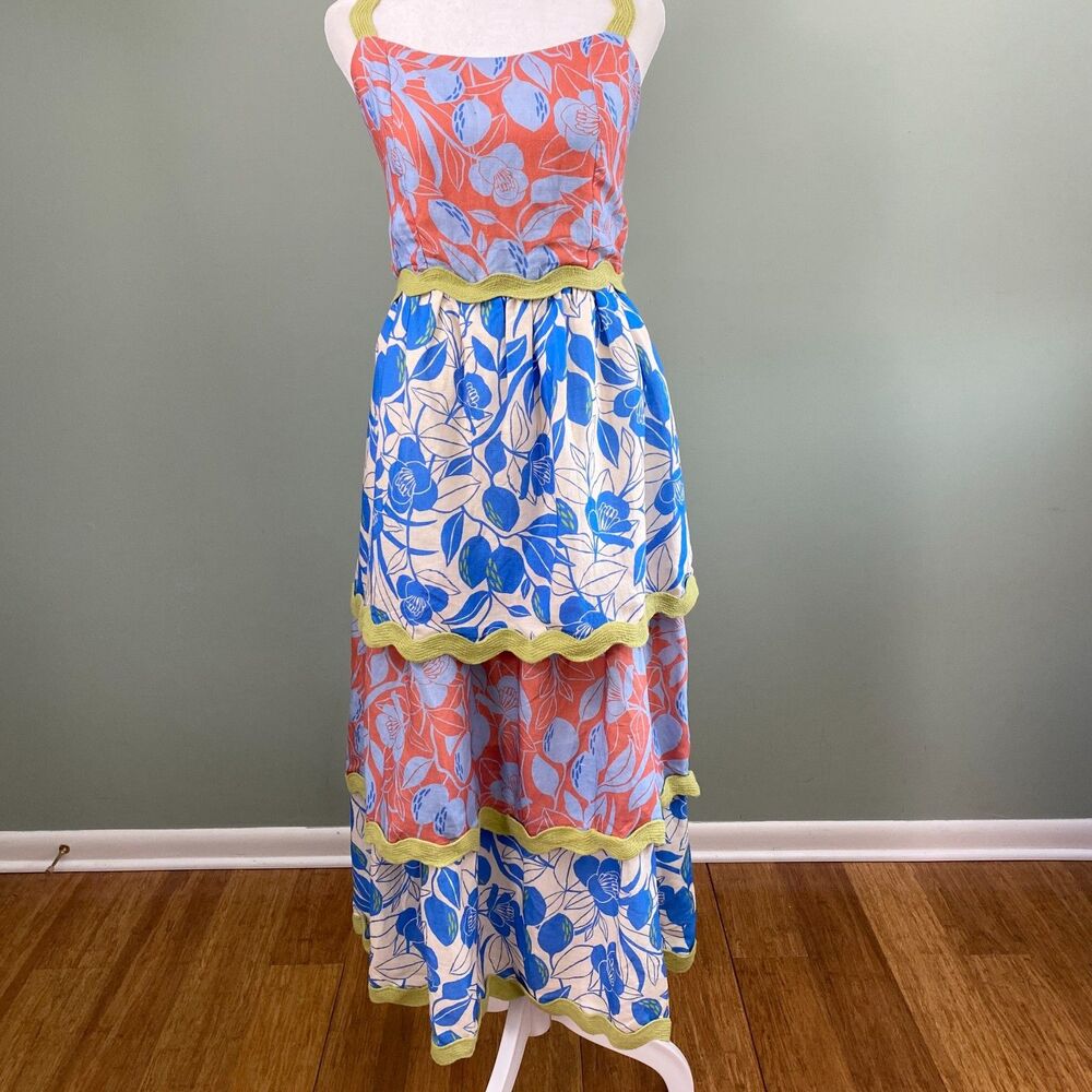 Anthropologie Farm Rio Midi Dress Small Floral Linen Blend Tiered Cottagecore